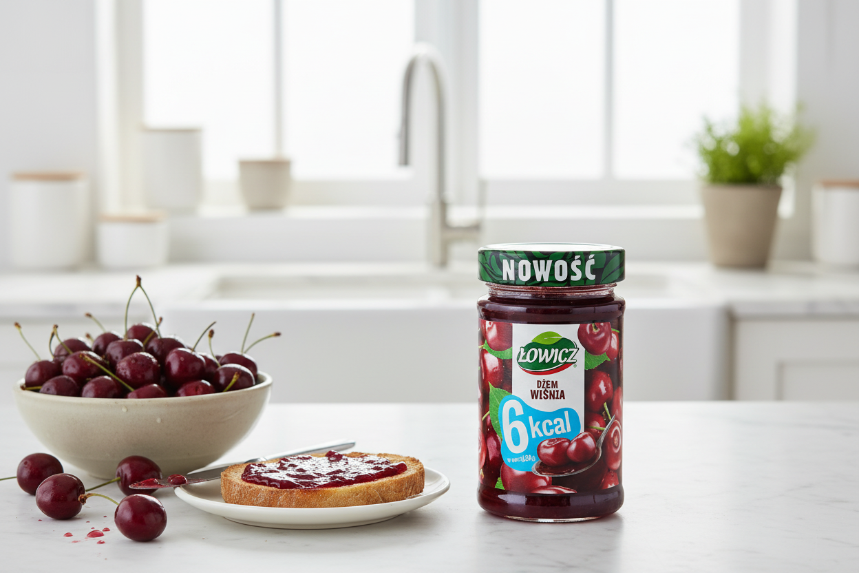 Łowicz cherry jam on a bright modern kitchen counter with fresh cherries and toast