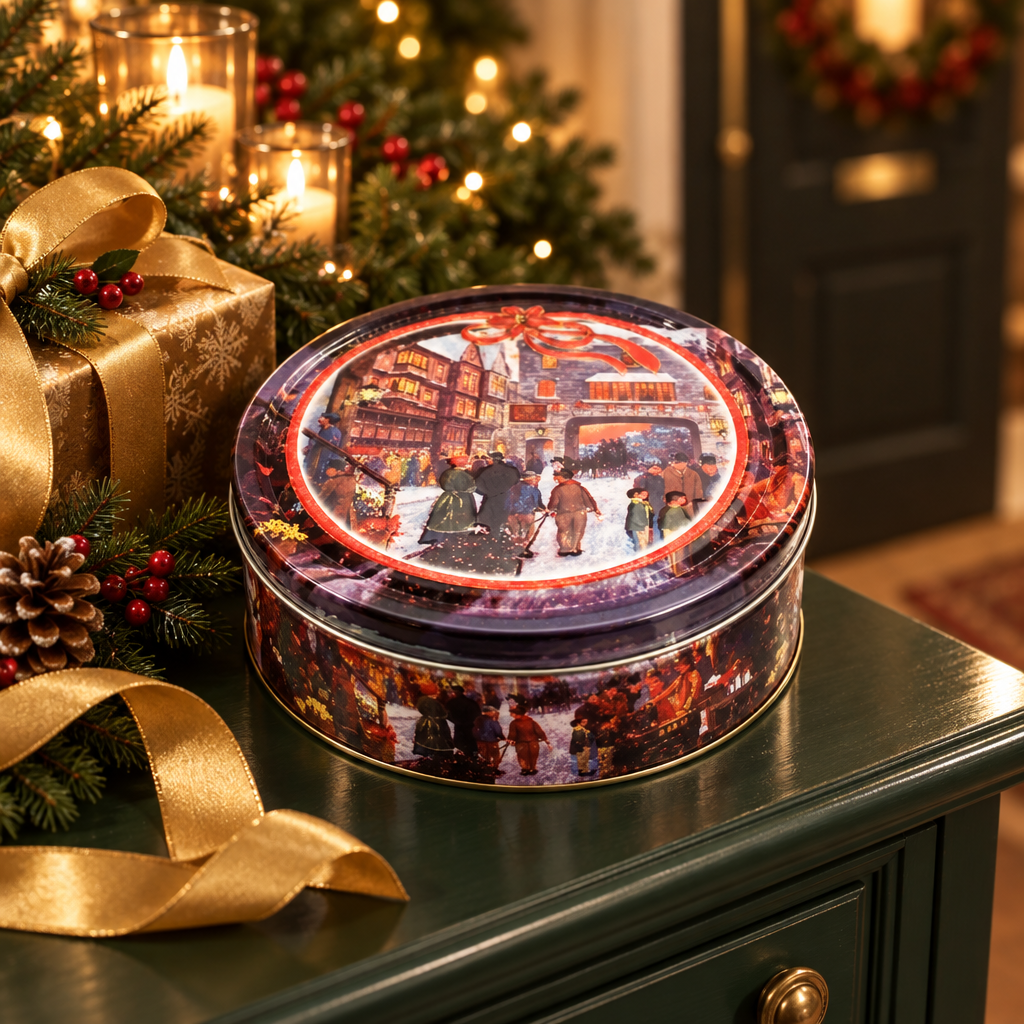 Nostalgic cookie tin in a festive holiday entryway