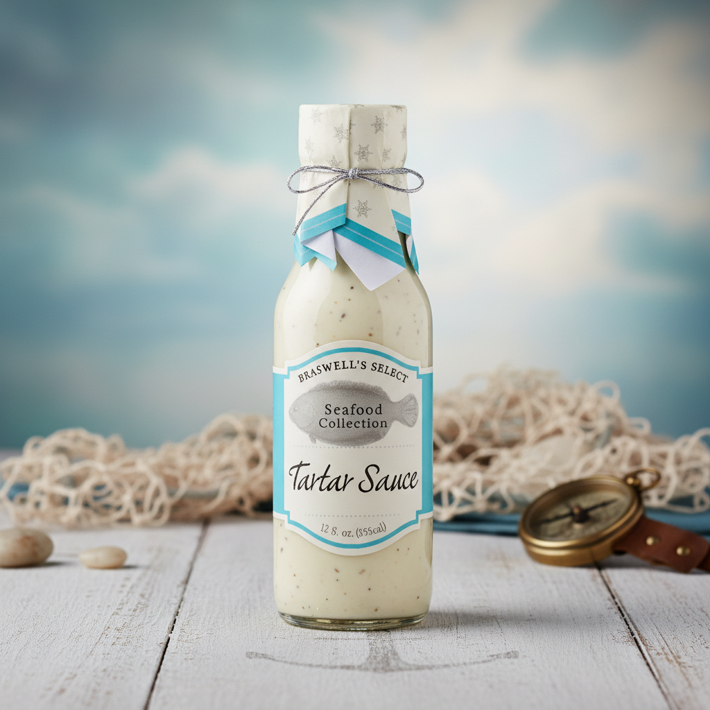 Braswell's Tartar Sauce bottle with premium coastal background