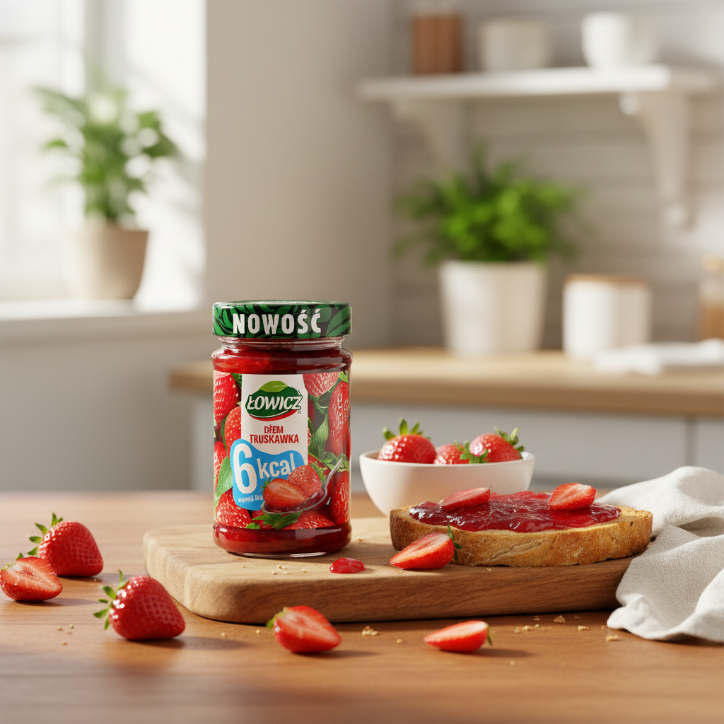 Łowicz Strawberry Jam styled on a sunny breakfast table with fresh strawberries and toast