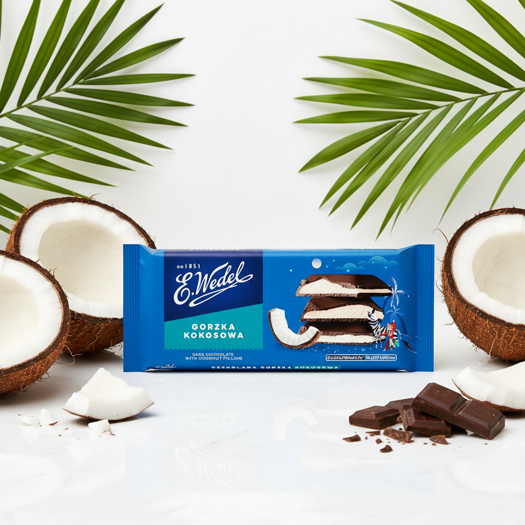 E. Wedel Gorzka Kokosowa bar on white surface with fresh coconut halves and tropical leaves