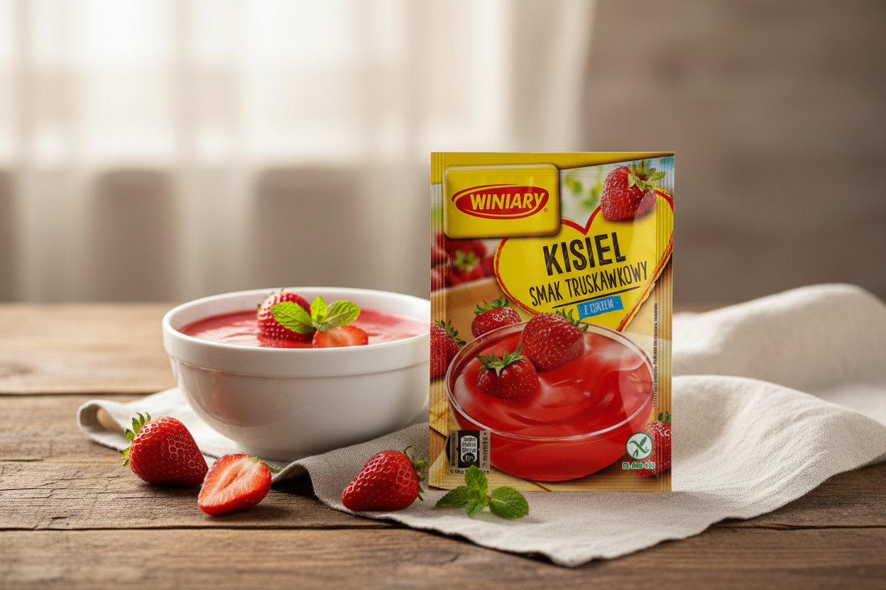 Winiary strawberry kisiel packet on a wooden table with a bright ruby red strawberry kisiel in a white ceramic bowl with fresh whole strawberries and mint sprig alongside