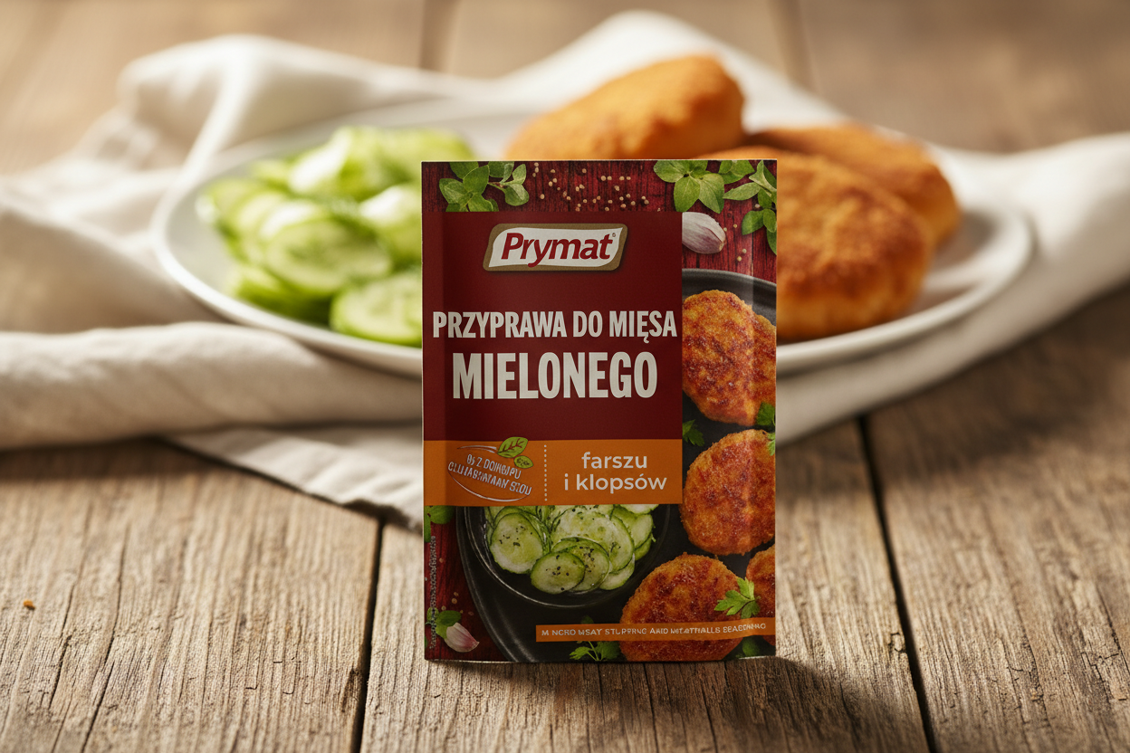 Prymat minced meat seasoning packet on a rustic wooden table with golden-crusted Polish kotlety mielone minced meat cutlets with crispy breadcrumb coating alongside fresh cucumber salad with dill in warm natural light