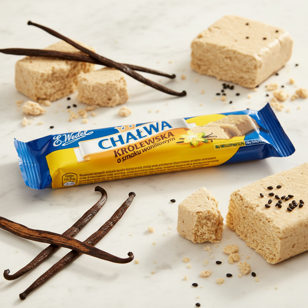 E. Wedel Chałwa Królewska Waniliowa bar on white marble with vanilla pods and broken halva pieces