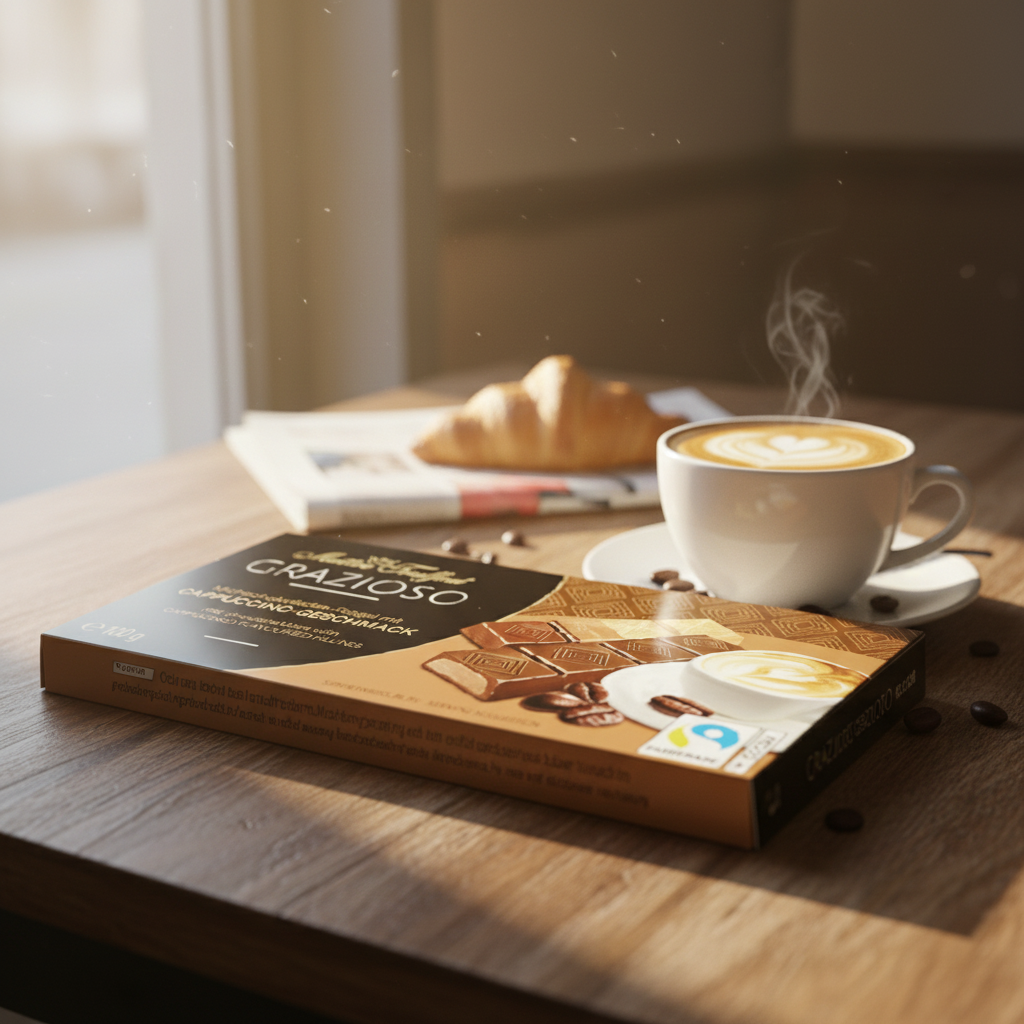 Maitre Truffout Grazioso Cappuccino with realistic cozy coffee shop background