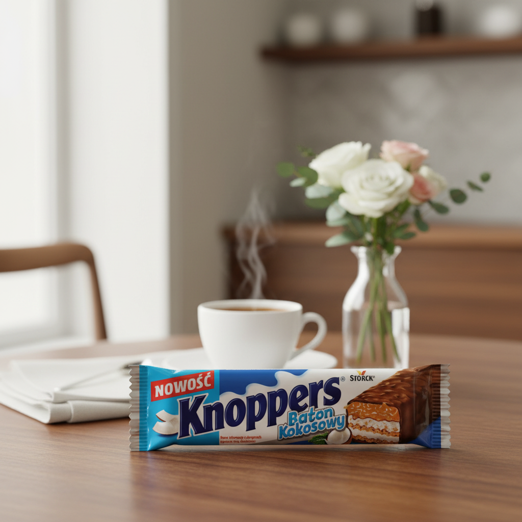 Knoppers Coconut Bar with sophisticated background