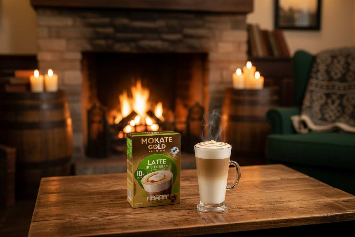 Mokate Gold Premium Latte Irish Cream in a cozy Irish pub-inspired setting with fireplace glow and warm candlelight