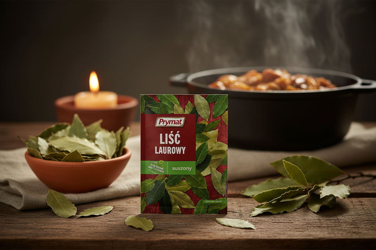Prymat dried bay leaves packet on a rustic wooden table with fresh and dried bay leaves scattered artfully and small terracotta bowl of whole dried bay leaves and steaming pot of rich Polish bigos in the background