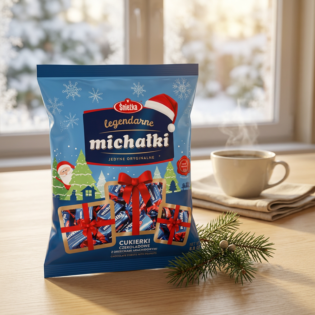 Śnieżka Michałki Christmas bag on a warm breakfast table