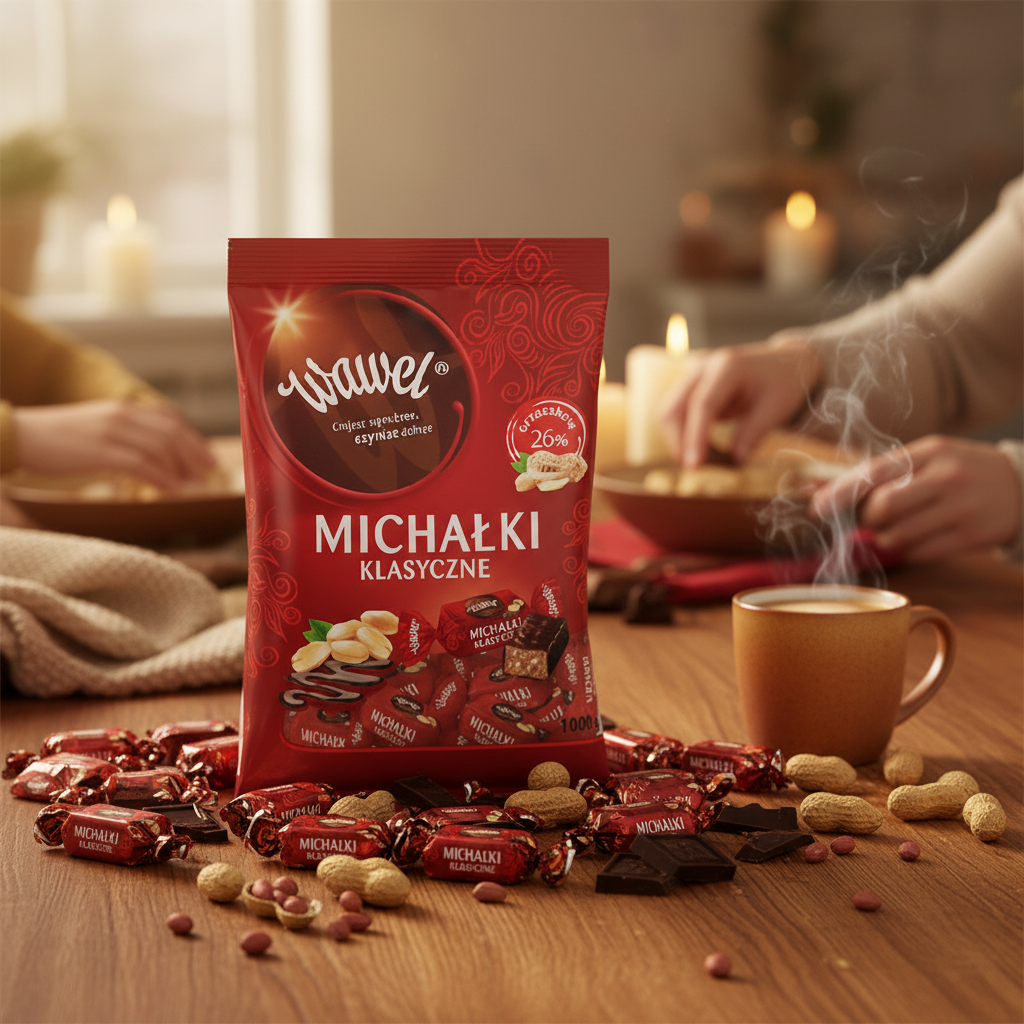 Wawel Michałki Klasyczne 1kg bag on a family dining table with scattered chocolates and peanuts
