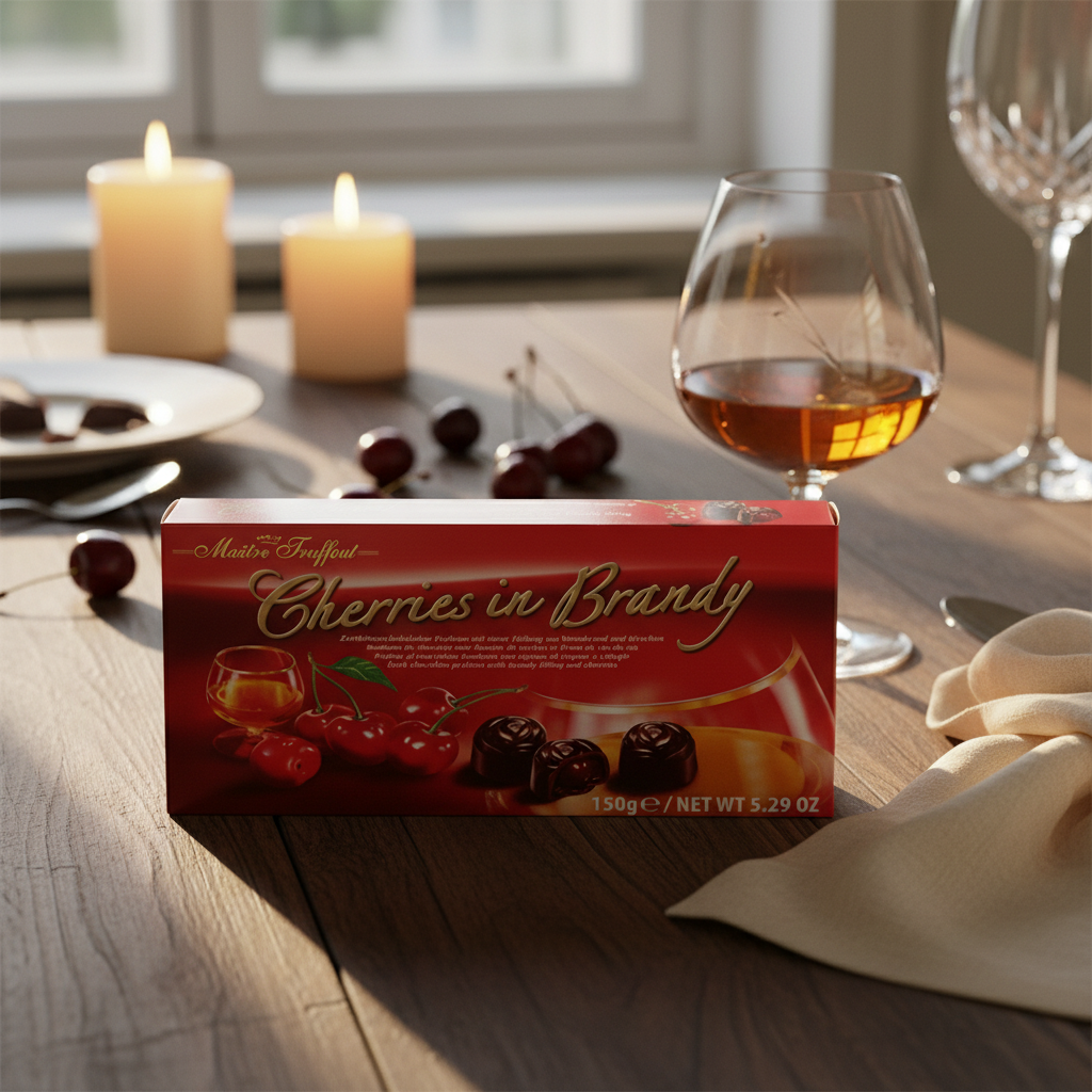 Maitre Truffout Cherries in Brandy with realistic elegant dessert party background