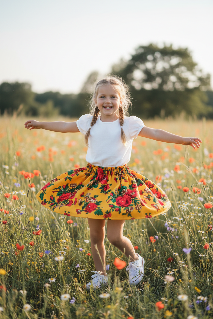 Little girl twirling in a vibrant golden yellow Polish folk peony skirt in a sunny garden