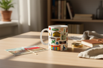 Folkstar Poznań city mug lifestyle shot on wooden table with vintage postcard and Polish flag