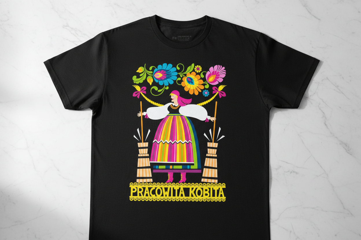 Folkstar Pracowita Kobita t-shirt flat lay on marble surface