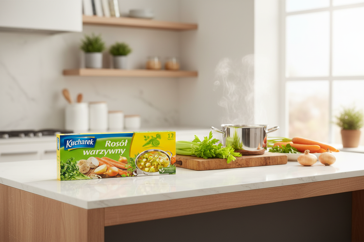 Kucharek Vegetable Bouillon Cubes on bright kitchen island with fresh vegetable broth