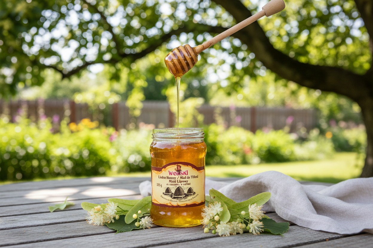 Weski linden honey jar on a summer garden table with linden blossoms and golden honey drizzle