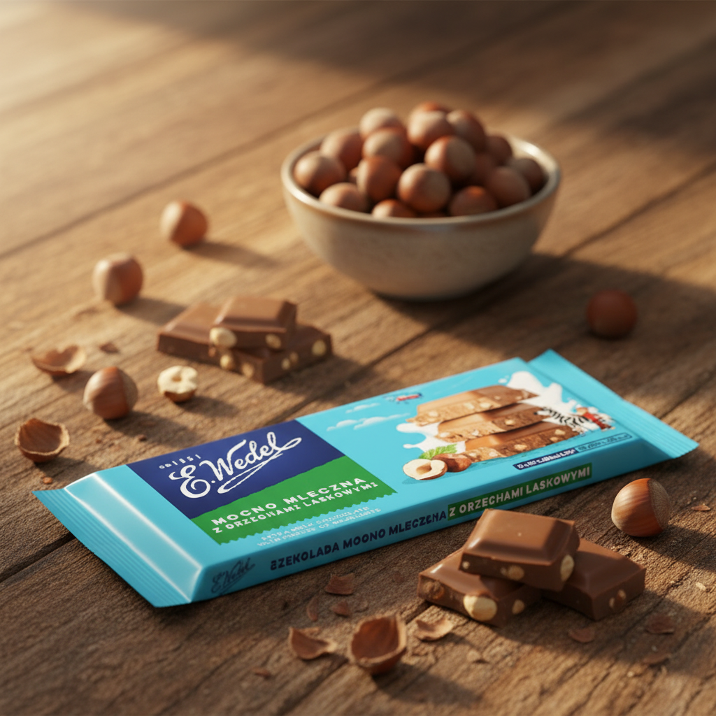 E. Wedel Mocno Mleczna hazelnut bar on rustic wooden table with whole hazelnuts and warm afternoon light