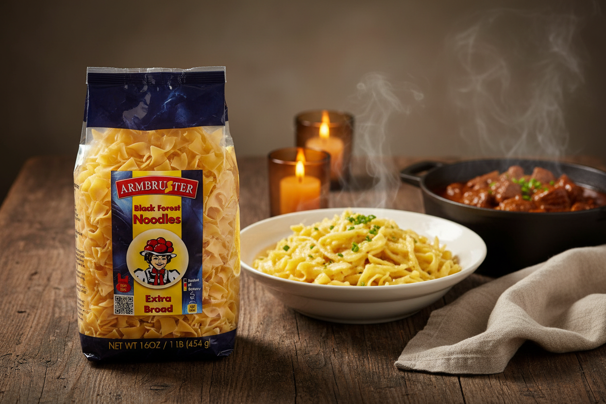 Armbruster Black Forest Extra Broad Noodles bag on a rustic wooden table with steaming bowl of rich creamy broad egg noodles with golden butter sauce and fresh chives alongside hearty beef goulash in dark cast iron pot in warm amber candlelight