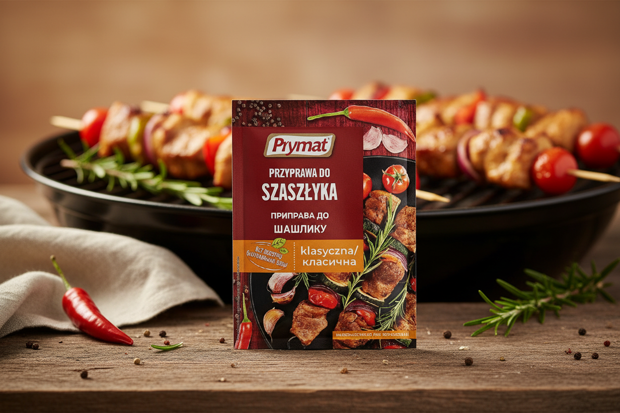 Prymat shashlik seasoning packet on a rustic wooden table with golden-charred shashlik skewers with chunks of pork red and green peppers onion and cherry tomatoes on metal skewers resting on a grill with fresh rosemary sprigs in warm amber summer light