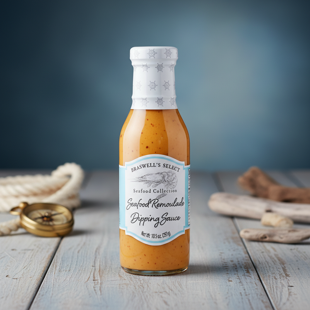 Braswell's Seafood Remoulade Dipping Sauce bottle with premium coastal background