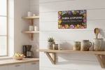 Folkstar Dobra Gospodyni metal sign mounted on a white kitchen wall above a wooden shelf with ceramic mugs