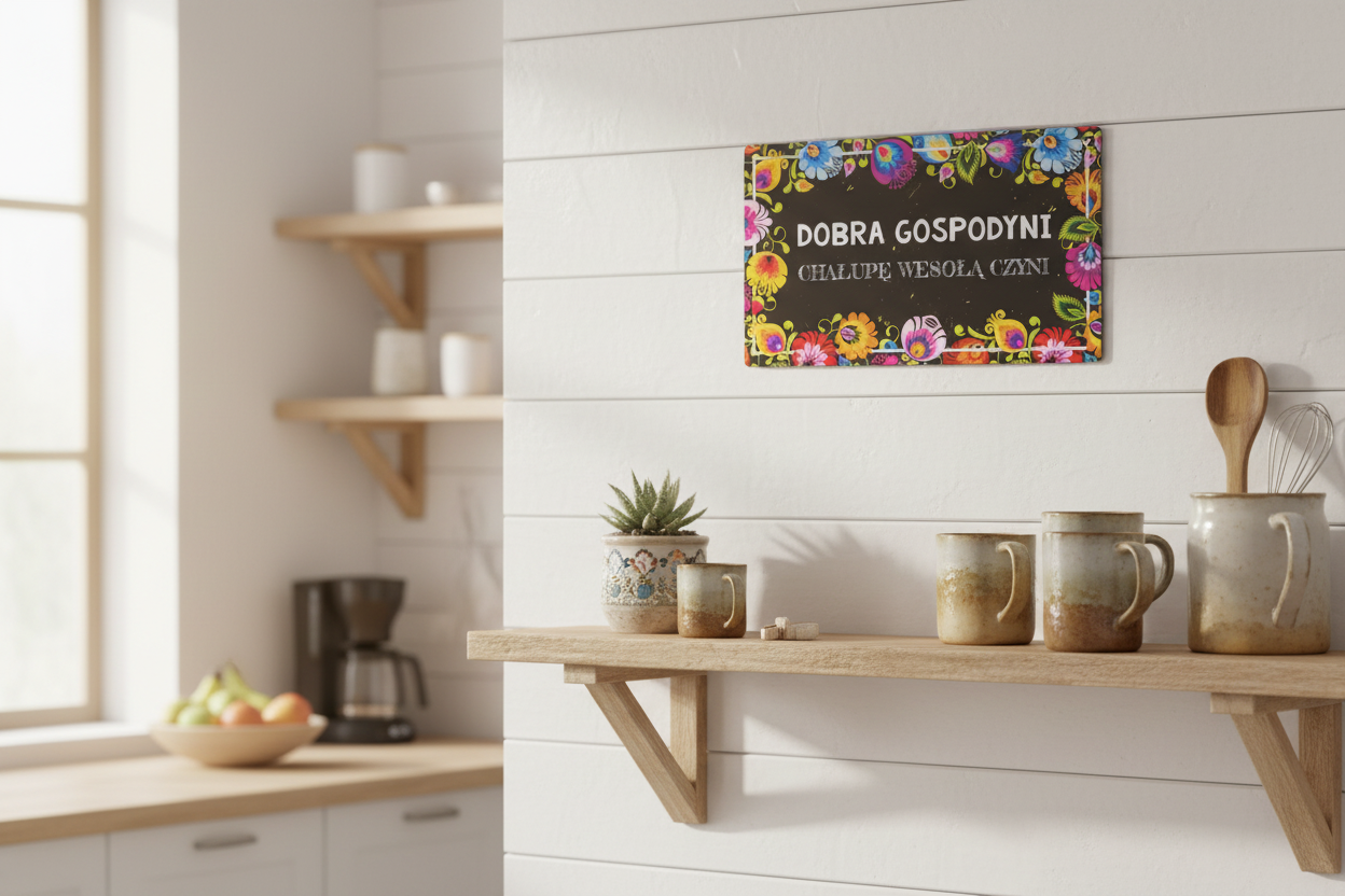 Folkstar Dobra Gospodyni metal sign mounted on a white kitchen wall above a wooden shelf with ceramic mugs