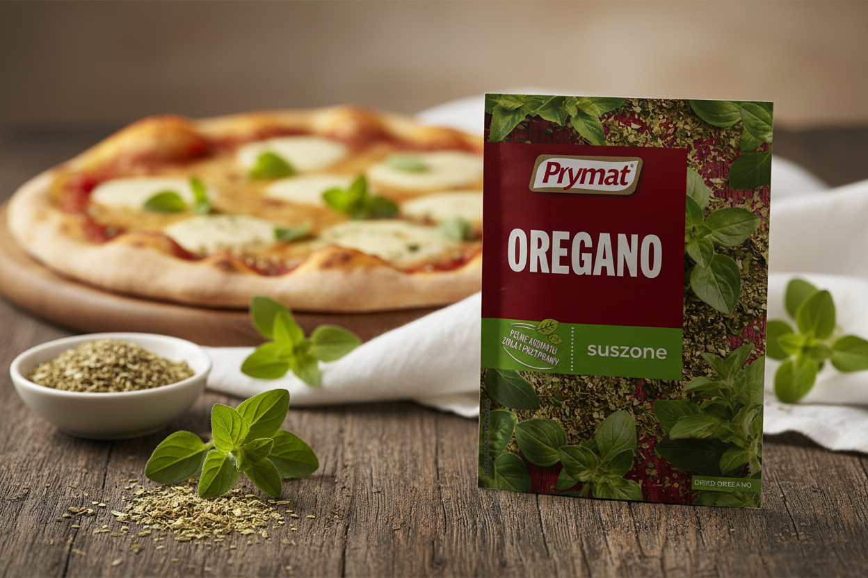Prymat dried oregano packet on a rustic wooden table with fresh oregano sprigs scattered artfully and small white ceramic bowl of dried oregano and rustic homemade pizza with golden bubbling mozzarella and fresh oregano in the background