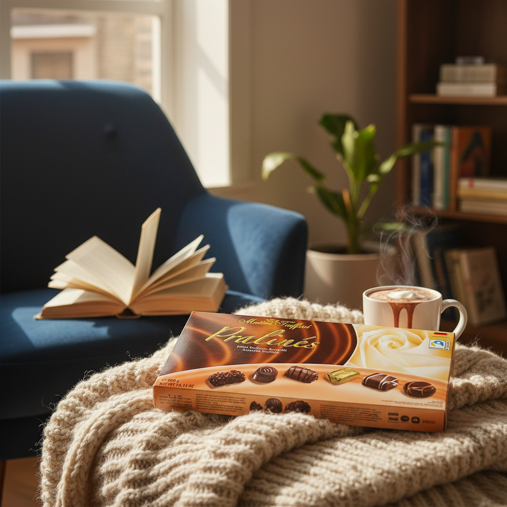 Maitre Truffout Pralines Large Box with realistic cozy reading nook background