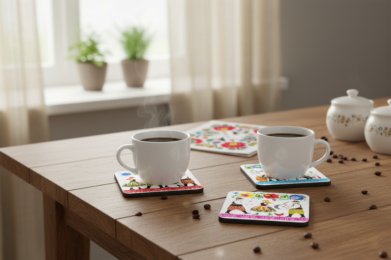 Folkstar folk scenes cork coasters on a kitchen table with white ceramic mugs of coffee