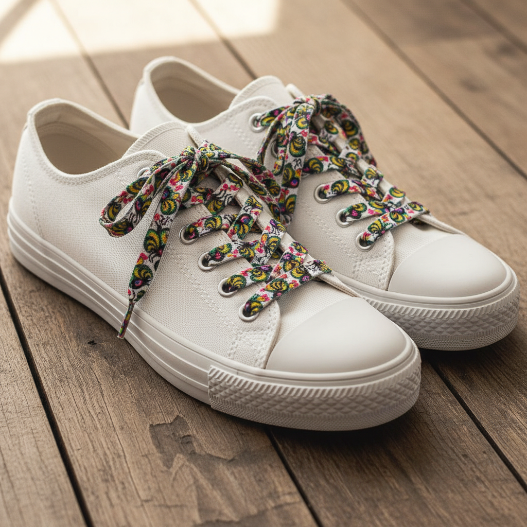 Folkstar Łowicz rooster folk shoelaces laced up on white canvas sneakers on a wooden floor