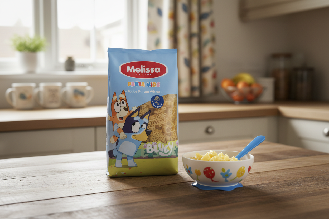 Melissa Pasta Kids Bluey bag on a kitchen table with natural daylight