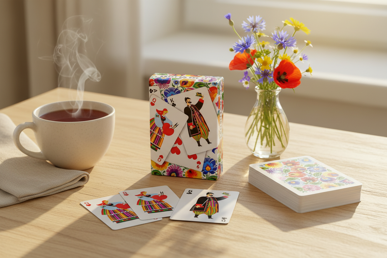 Folkstar Polish folk art playing cards fanned out on a wooden table with tea and wildflowers in a cozy game night scene