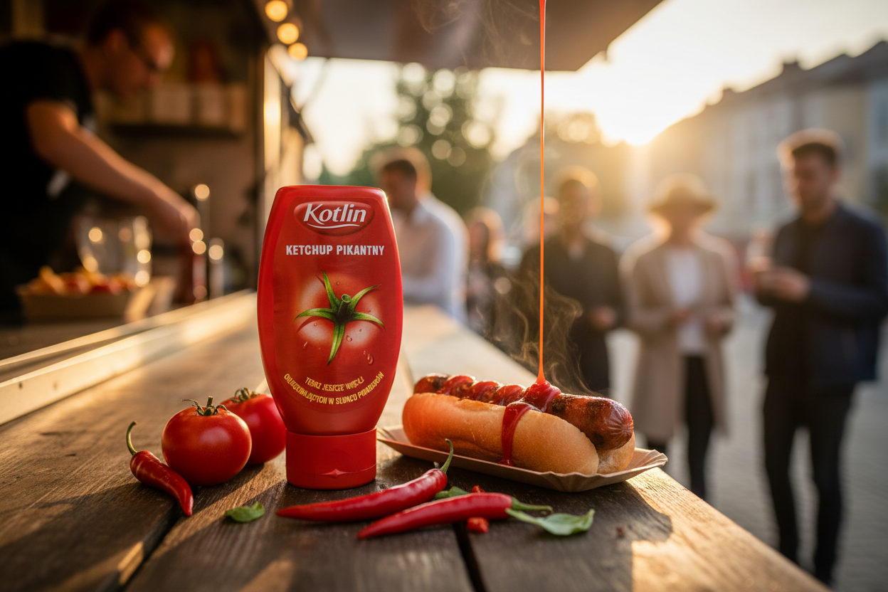 Kotlin spicy ketchup at a street food stall with sausage hot dog and chili peppers in warm evening light