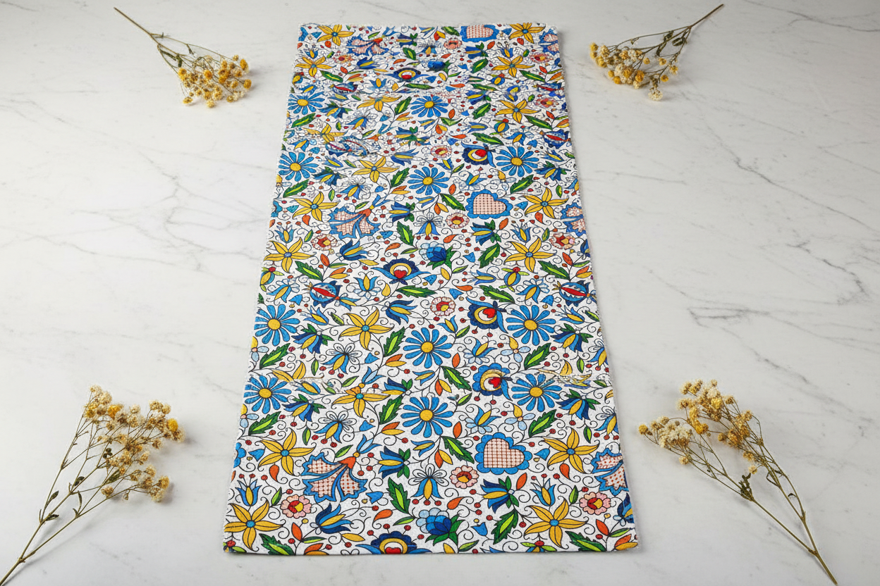Folkstar Kashubian folk table runner flat lay on marble surface