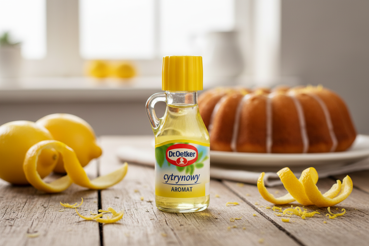 Dr. Oetker lemon baking aroma bottle on a kitchen table with fresh lemons and lemon cake