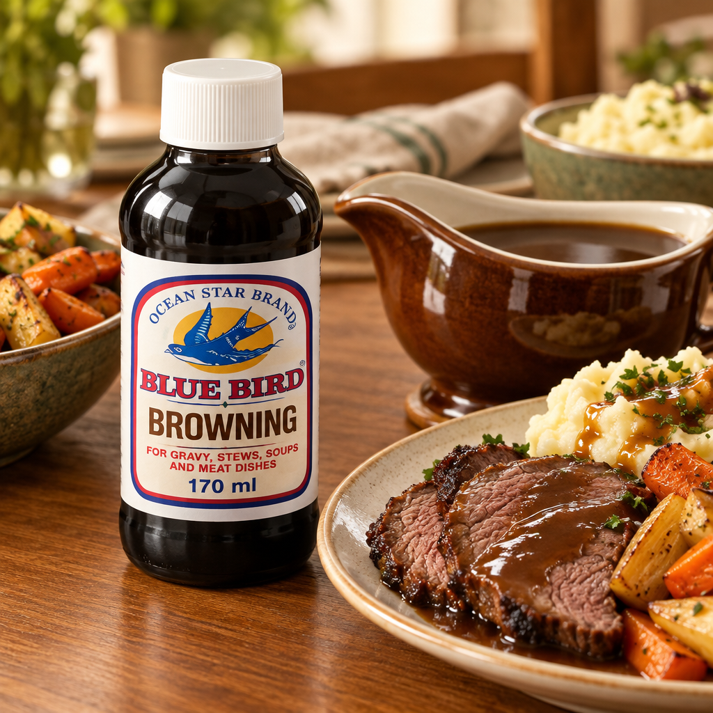 Bottle of Gravy Browning beside a gravy boat, roast dinner, mashed potatoes and root vegetables