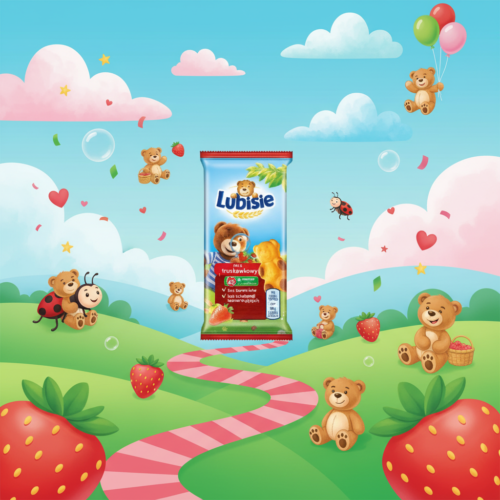Lubisie Strawberry Bear Biscuits with playful background