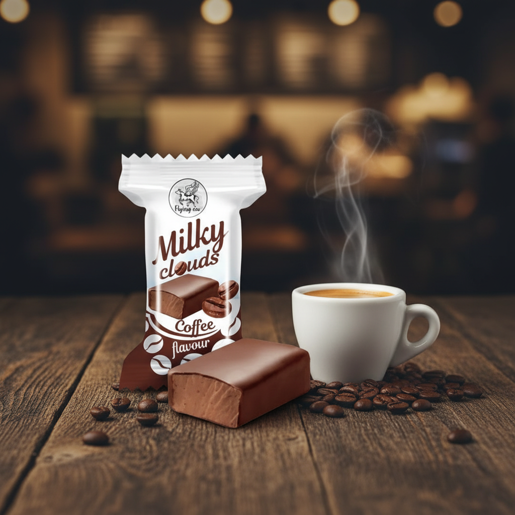 Milky Clouds Coffee Flavour Chocolate Candy in a cozy café setting
