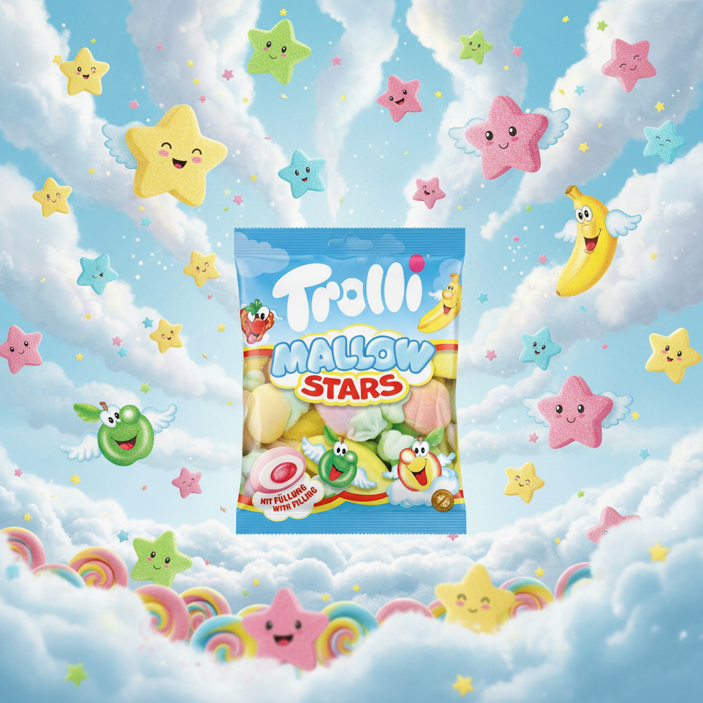 Trolli Mallow Stars with fluffy background