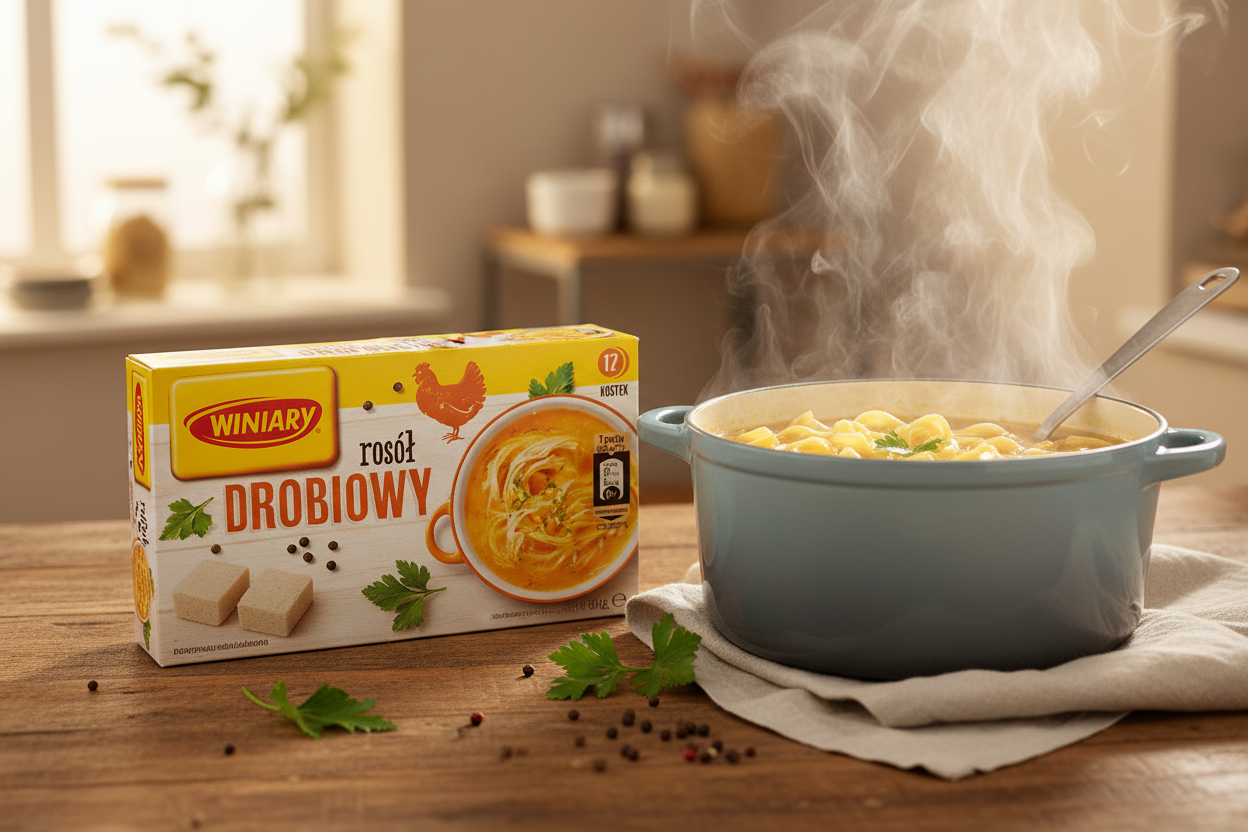 Winiary poultry broth 17-cube box on a wooden table with a large steaming pot of golden poultry broth with egg noodles and a ladle and fresh parsley and black peppercorns alongside