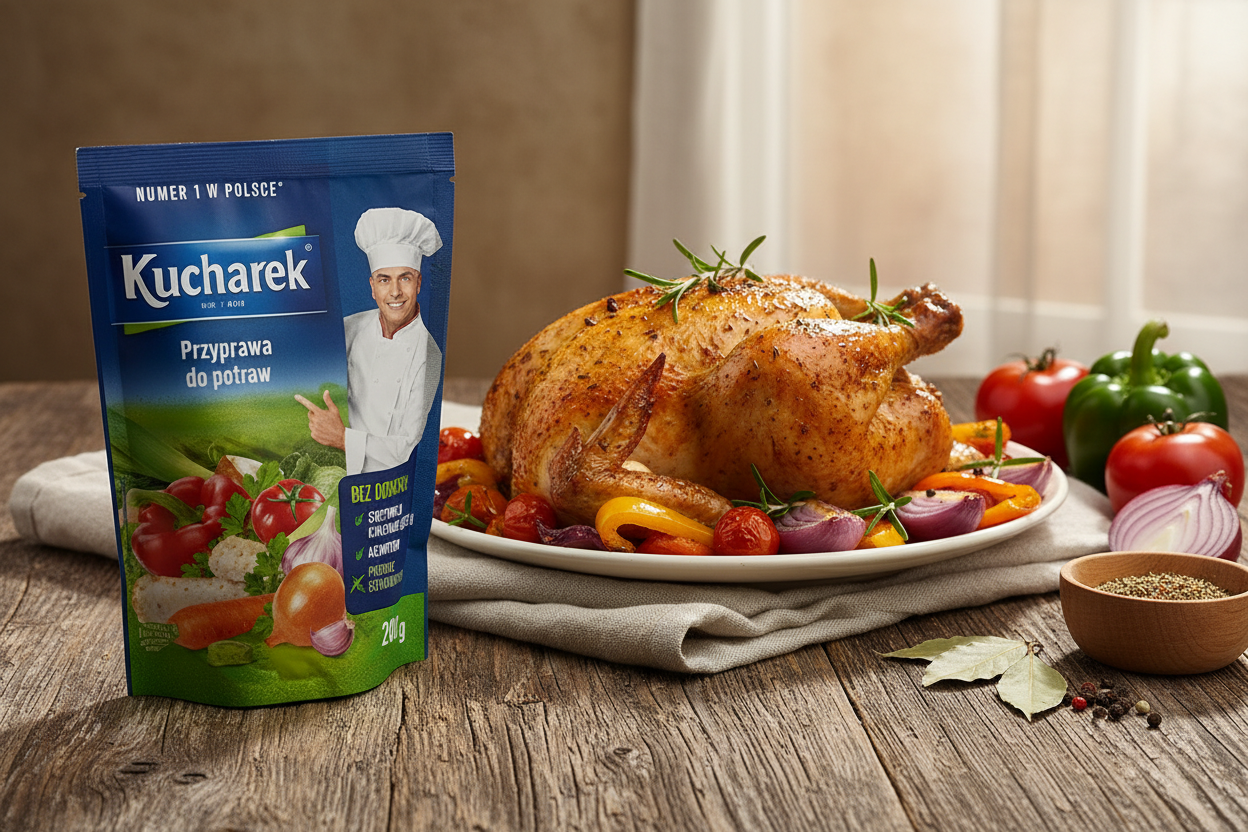 Kucharek Przyprawa do Potraw bag on a wooden table with a golden roast chicken and roasted vegetables on a white plate with fresh herbs
