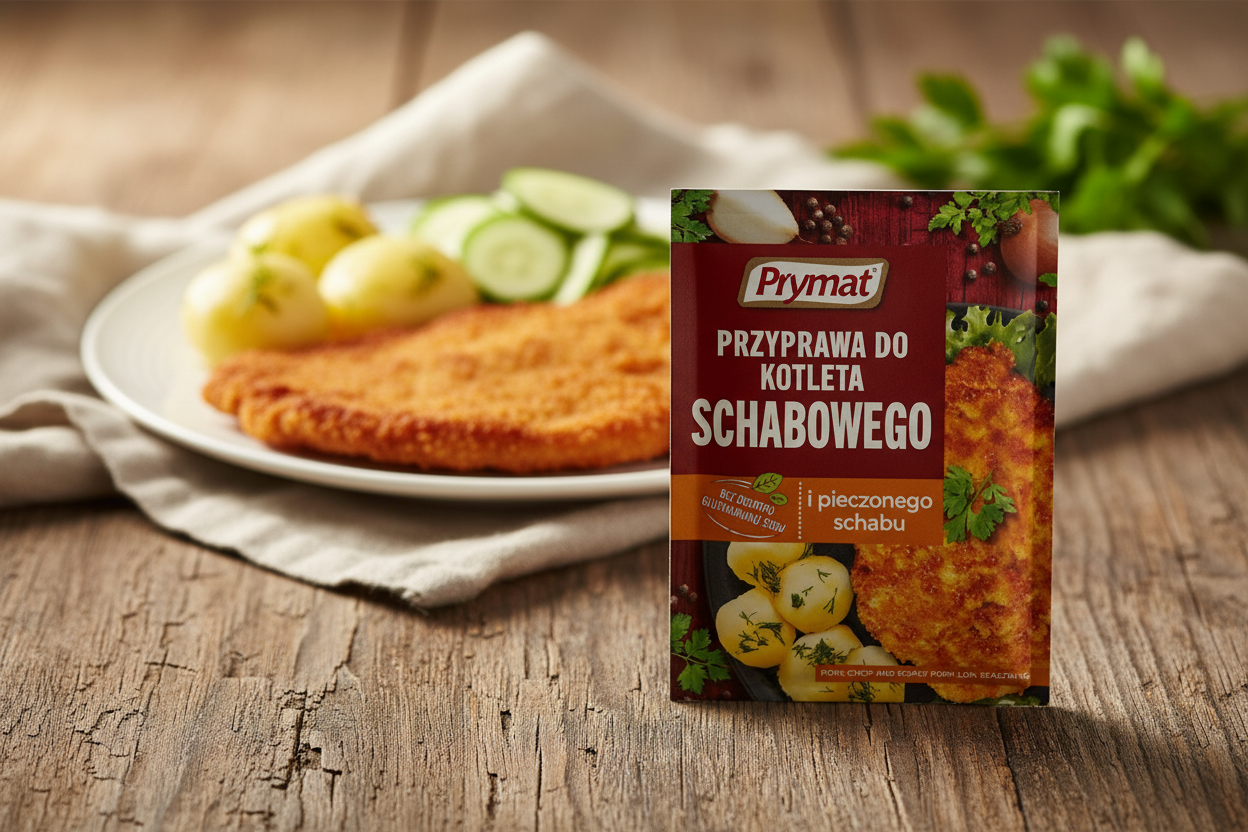 Prymat pork schnitzel seasoning packet on a rustic wooden table with golden crispy-breaded kotlet schabowy pork schnitzel on a white plate alongside buttered boiled potatoes with fresh dill and a simple cucumber salad in warm natural light