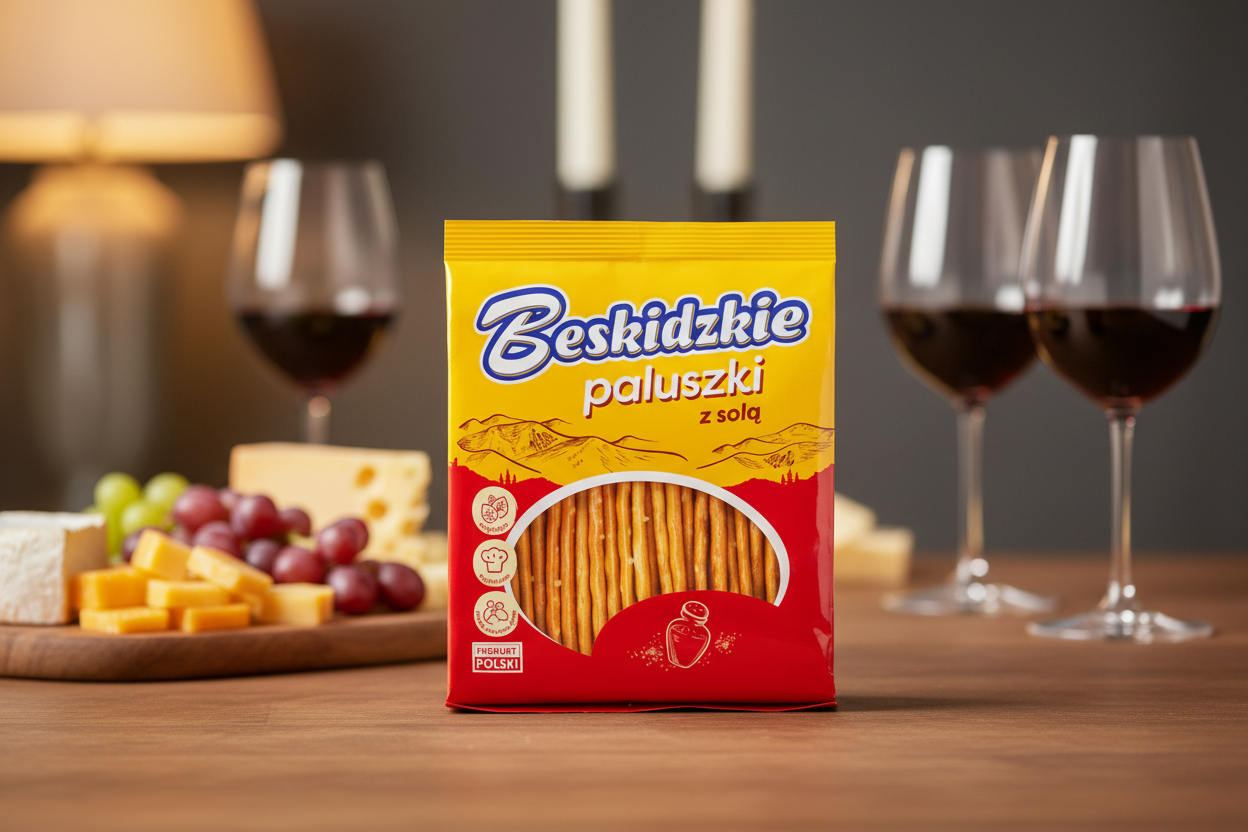 Beskidzkie salted breadsticks on party appetizer table with cheese board