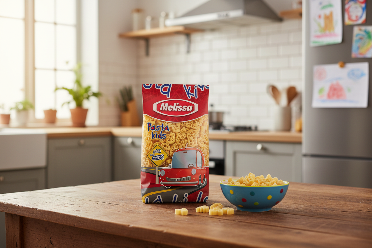 Melissa Pasta Kids Play with Cars bag on a kitchen table with natural daylight