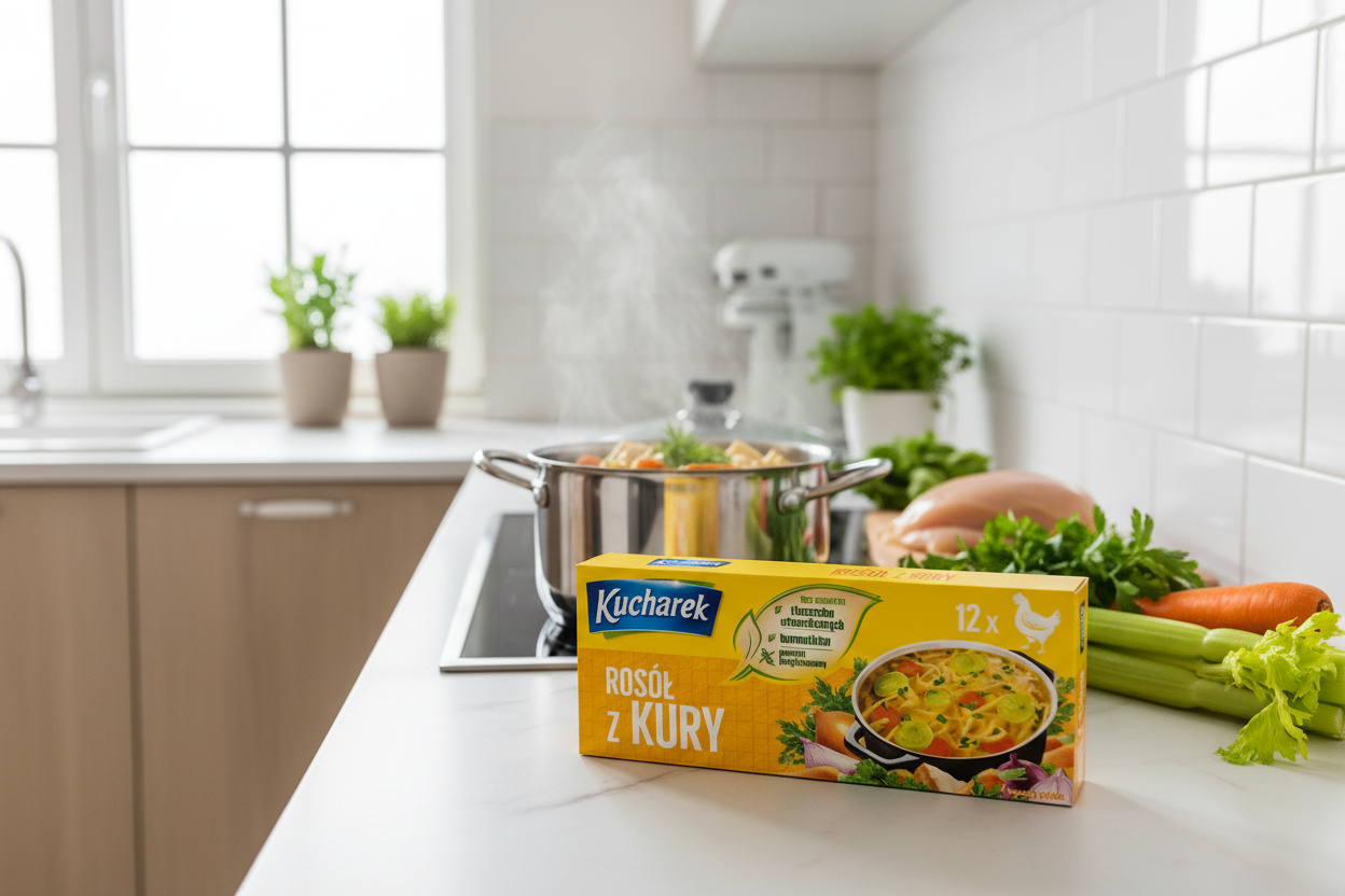 Kucharek Chicken Bouillon Cubes on modern kitchen counter with fresh chicken soup