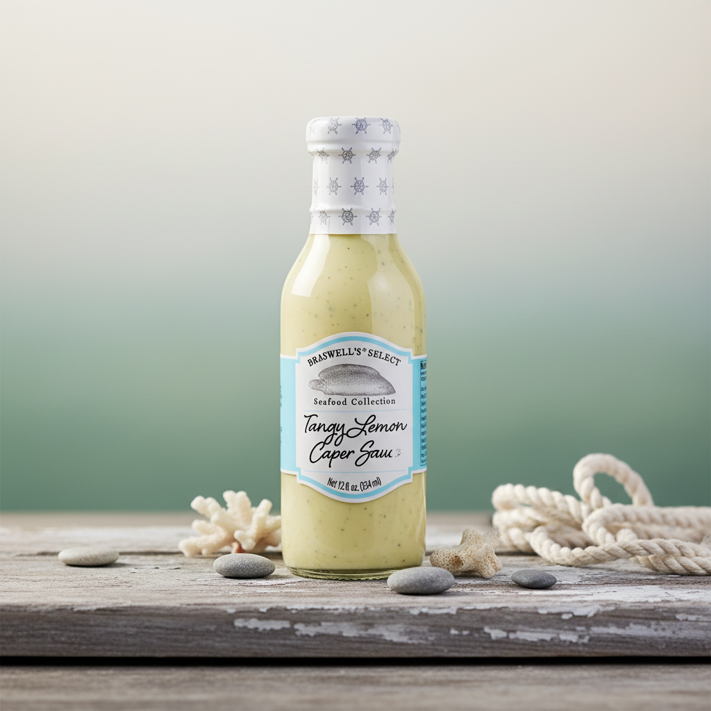 Braswell's Tangy Lemon Caper Sauce bottle with premium coastal background
