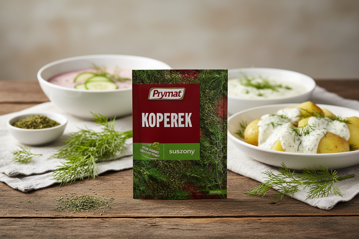 Prymat dried dill packet on a rustic wooden table with fresh feathery dill fronds scattered artfully and small white ceramic bowl of dried dill and steaming bowl of creamy dill sauce over new potatoes in the background