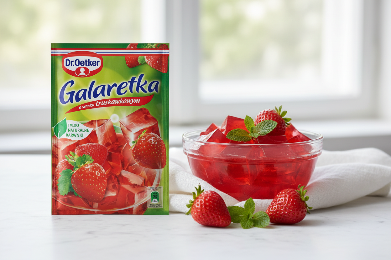 Dr. Oetker strawberry jelly packet beside a vivid red set strawberry jelly in a glass bowl with fresh whole strawberries and mint leaves
