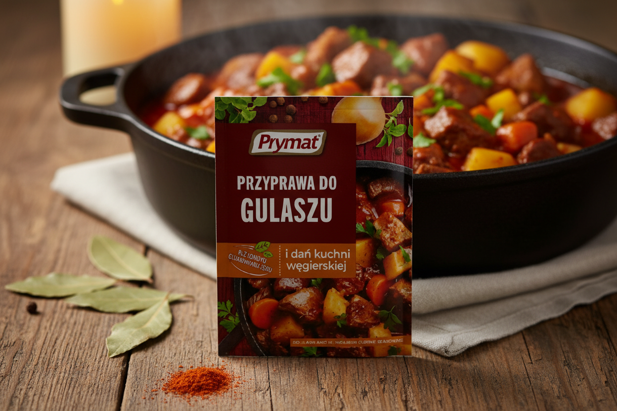 Prymat goulash seasoning packet on a rustic wooden table with steaming dark cast iron pot of rich Polish-Hungarian gulasz goulash with tender chunks of beef golden potatoes carrots and onions in deep red paprika sauce with fresh parsley garnish in warm candlelight