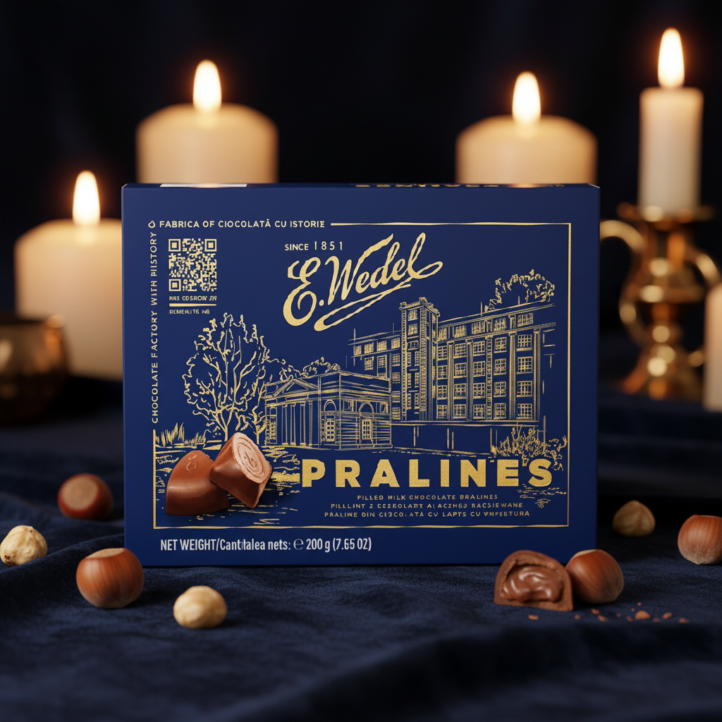 E. Wedel Pralines navy blue gift box on dark velvet with pralines and hazelnuts by candlelight